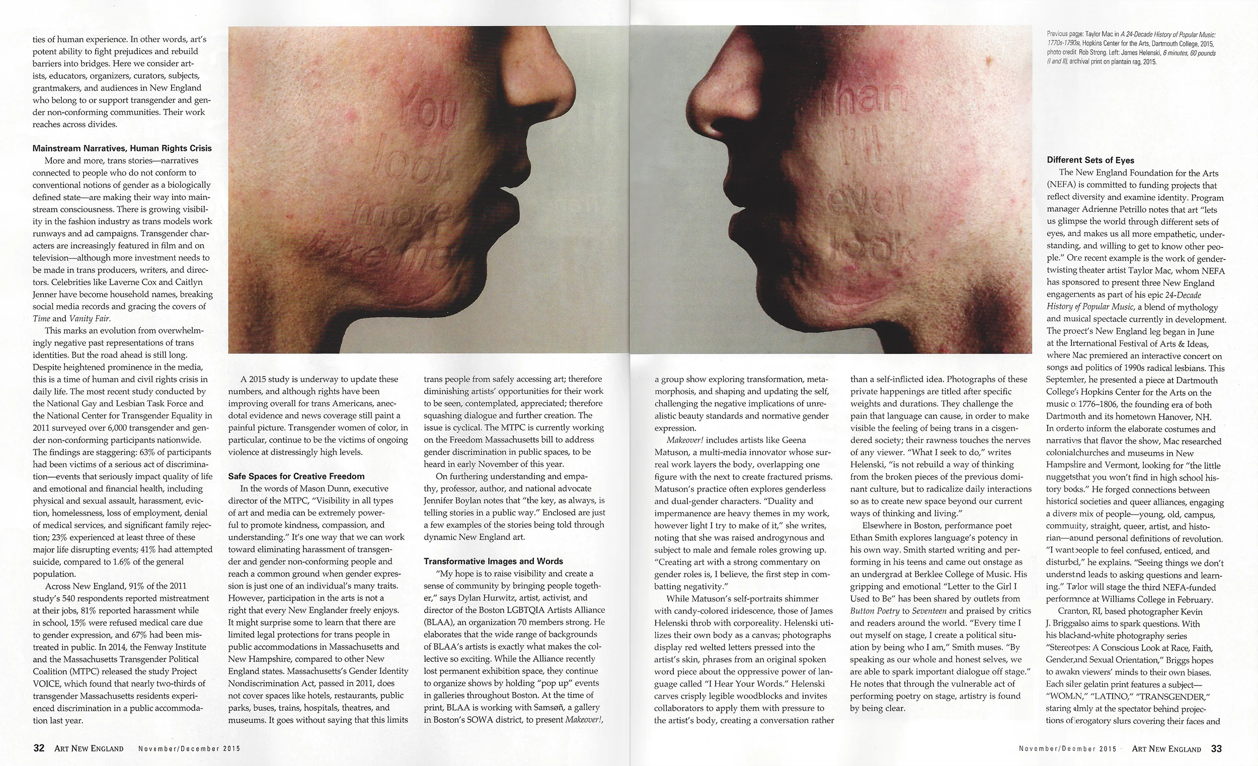 Art New England Magazine November/December 2015 issue, article 'Turning Barriers into Bridges' by Tori Rysz, page 32-33.