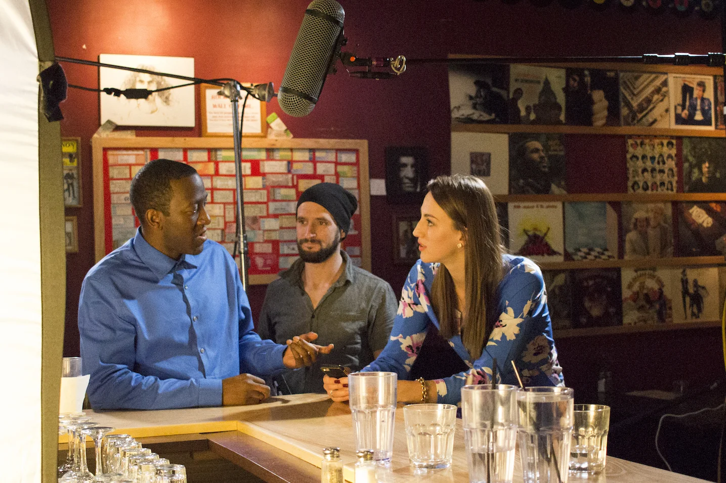 Actors Jamaal Eversley and Samantha Webb with Assistant Camera Dylan Kiely on the set of Geena Matuson's (@geenamatuson) production of 'Fauxmercials' bar ads, September 2016.