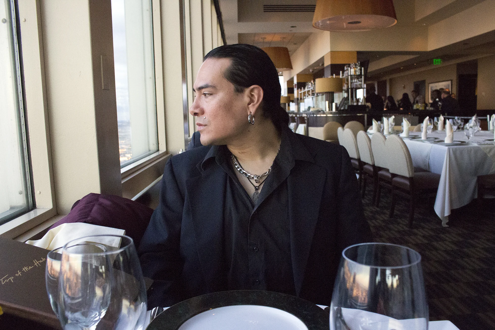 Victor Escajadillo and Geena Matuson at Top of the Hub Restaurant in Prudential Center, Boston MA.