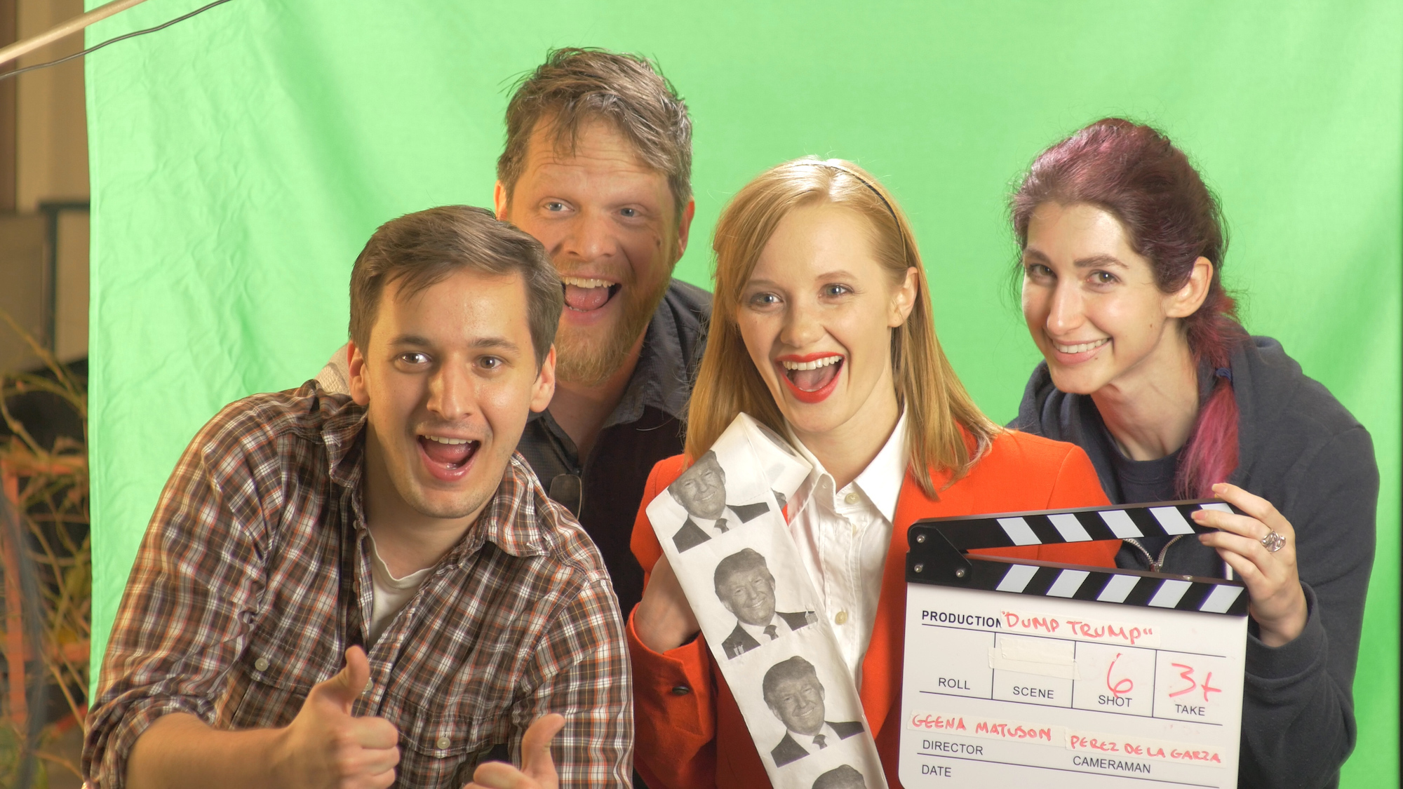 (Left to right) Andrew Frechette, Dan Perez de la Garza, Helena Morris and Geena Matuson behind the scenes on Matuson's (@geenamatuson) video 'Dump Trump,' part of her #Fauxmercials series in 2017. See more @ thegirlmirage.com.