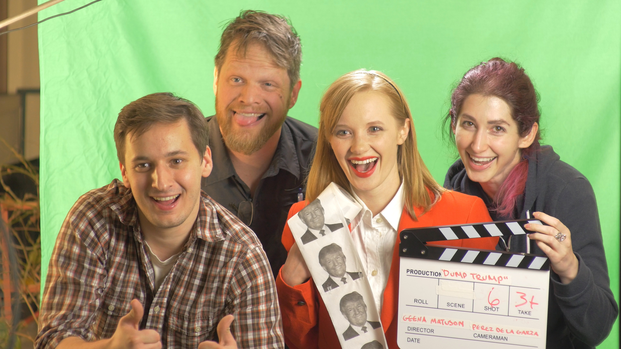 (Left to right) Andrew Frechette, Dan Perez de la Garza, Helena Morris and Geena Matuson behind the scenes on Matuson's (@geenamatuson) video 'Dump Trump,' part of her #Fauxmercials series in 2017. See more @ thegirlmirage.com.