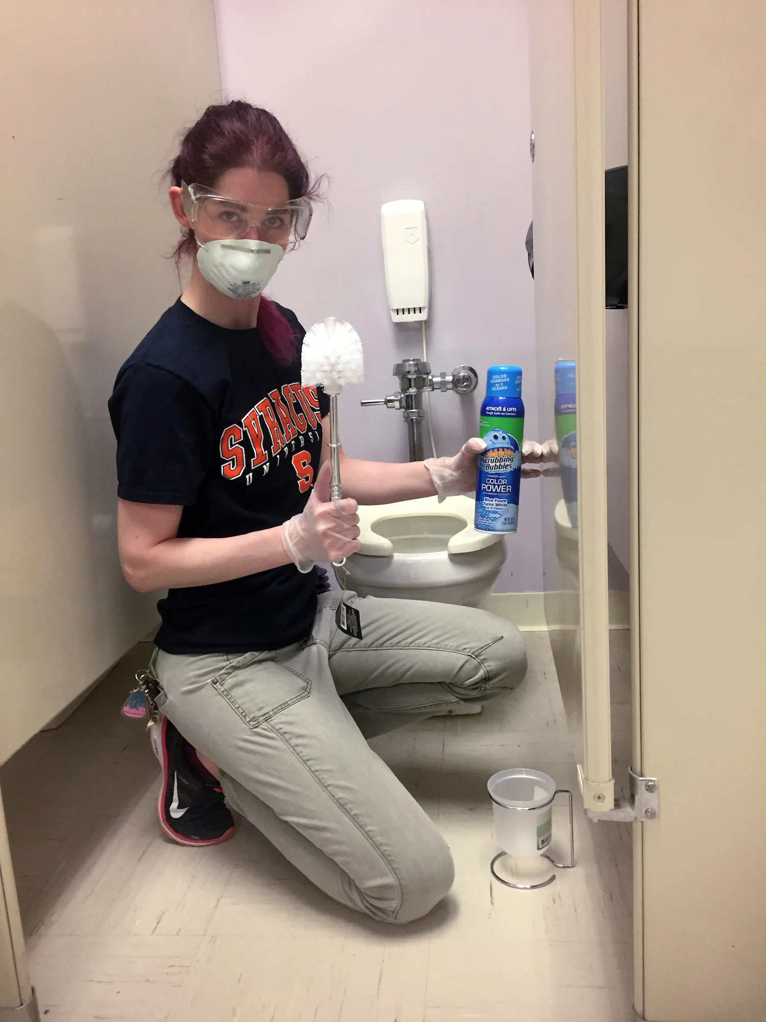 Geena Matuson (@geenamatuson) cleaning the set bathrooms for 'Dump Trump,' part of her #Fauxmercials series in 2017. See more @ thegirlmirage.com.