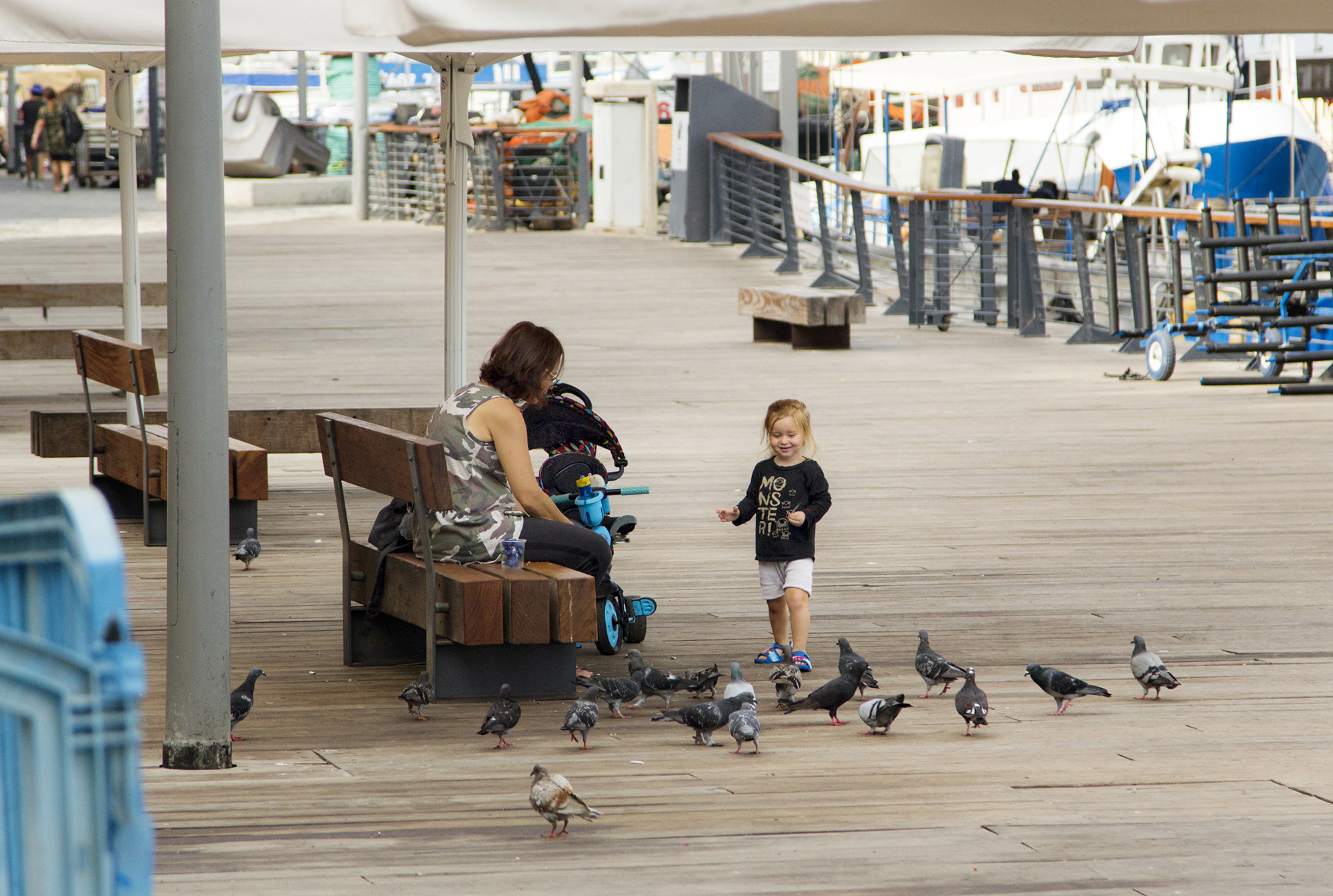 A child playing with the birds in Tel Aviv-Yafo, Israel. See more #travel photography by Geena Matuson @geenamatuson #thegirlmirage at thegirlmirage.com.
