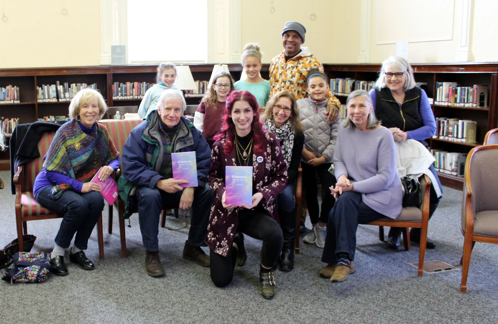 Geena Matuson with captive audience at her book reading and signing for first book "Dadalectic: Waking Dream" held at Medfield Public Library, March 2018. See more @ http://dadalectic.com.