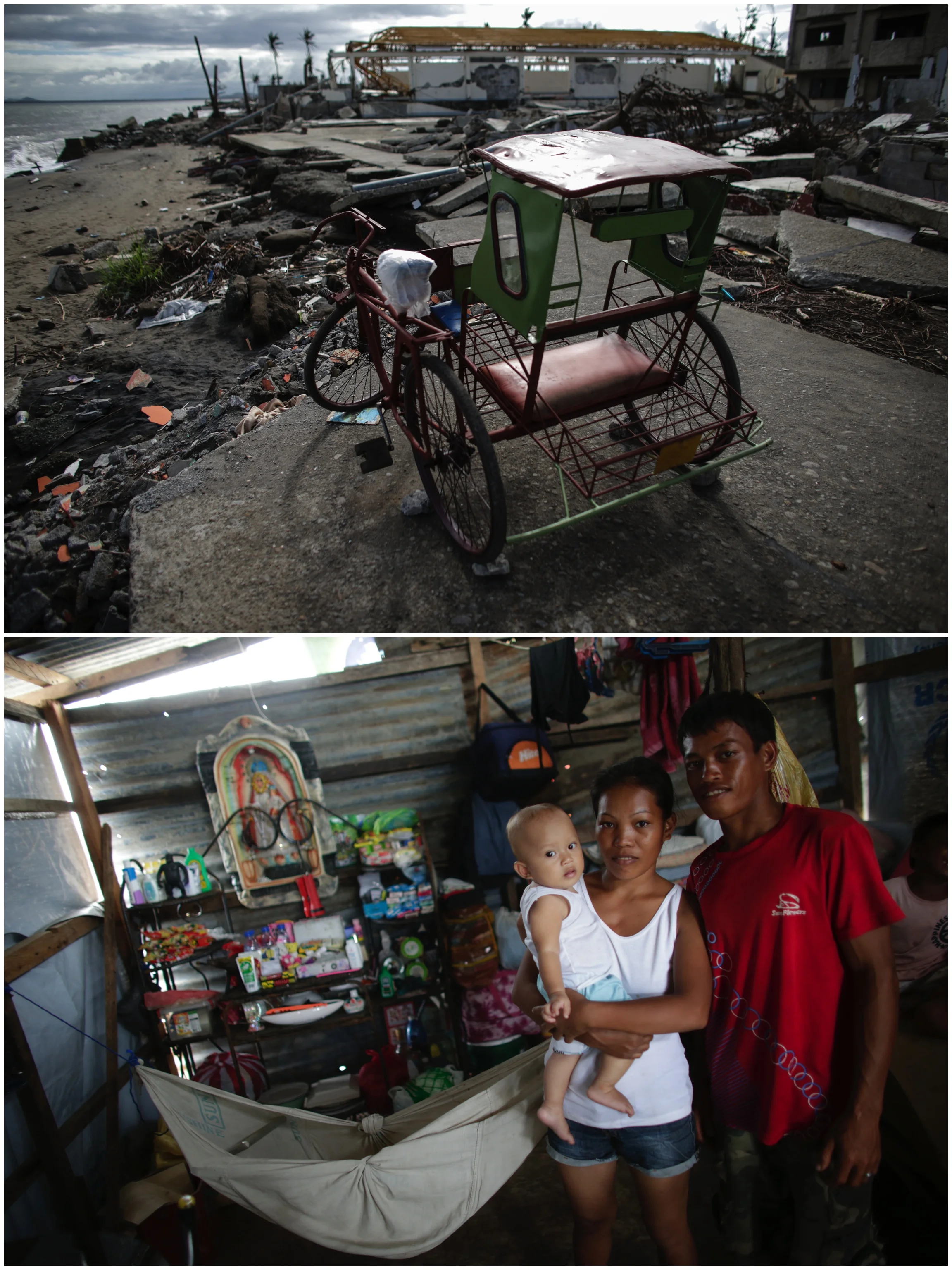  A combination photo shows a family of a survivor and a photo of a pedicab that is used for transporting people within short distances in Tacloban City. Photo on the left was taken on December 12, 2013 and shows a fisherman who was already build a ho