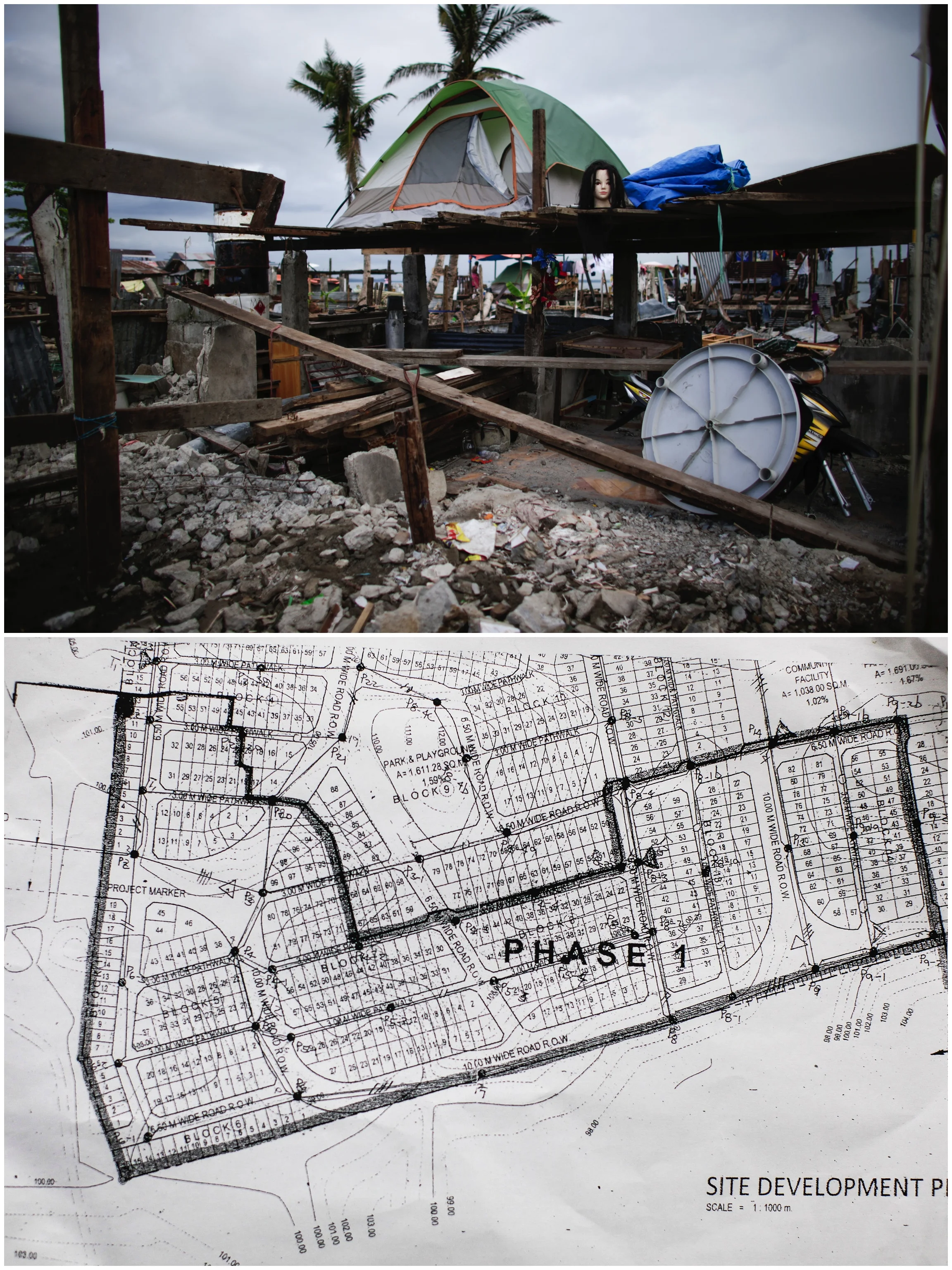  A combination photo shows a makeshift home that a survivor has made on his land and the relocation site that is planned by the local government. Photo on top was taken on December 10, 2013 and shows a house built by a survivor on his land. Photo bel