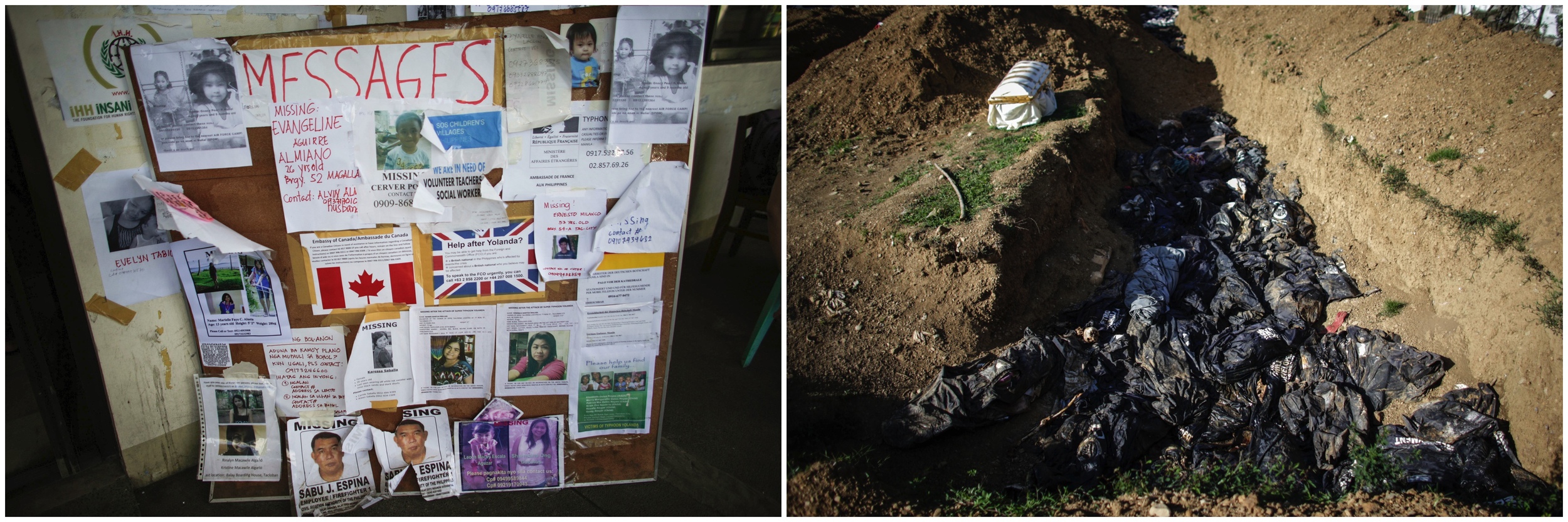  A combination photo shows a public wall where people could post photos and details of missing relatives and the mass grave in Tacloban City. Photo on the left was taken on December 14, 2013 shows a public space where relatives can post images and de