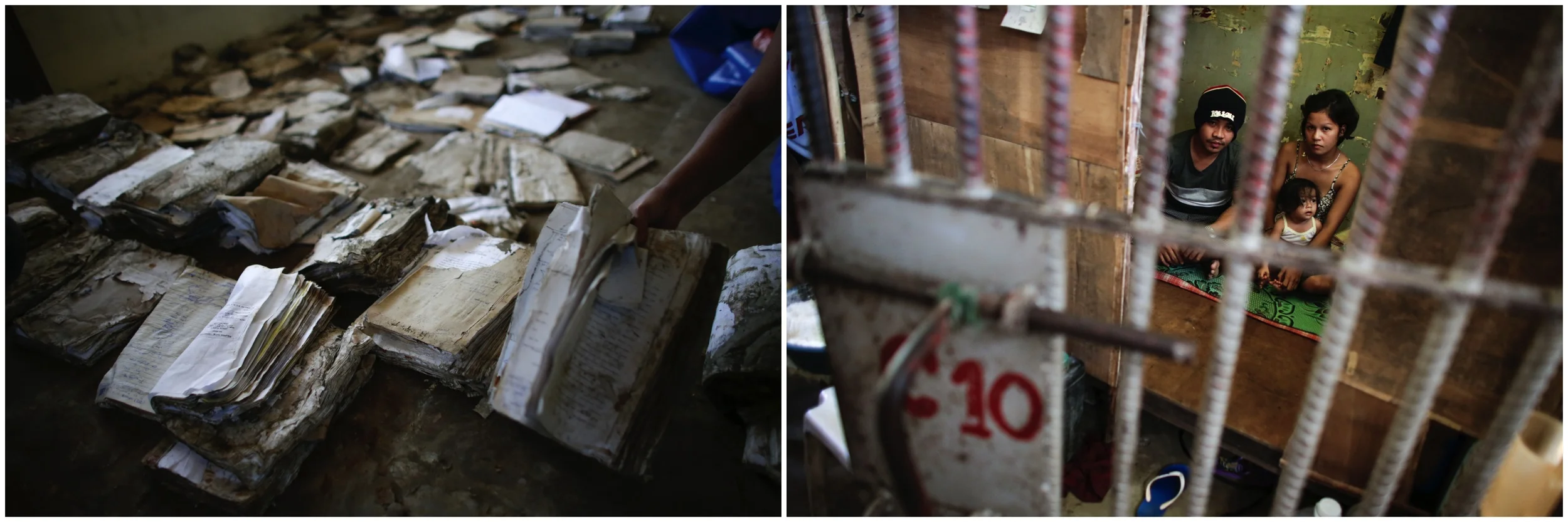  A combination photo shows the severely damaged records inside the justice hall in Tacloban City and an inmate living with his family inside the Leyte Provincial Jail. Photo on the left was taken on December 12, 2013 and shows the records of inmates 