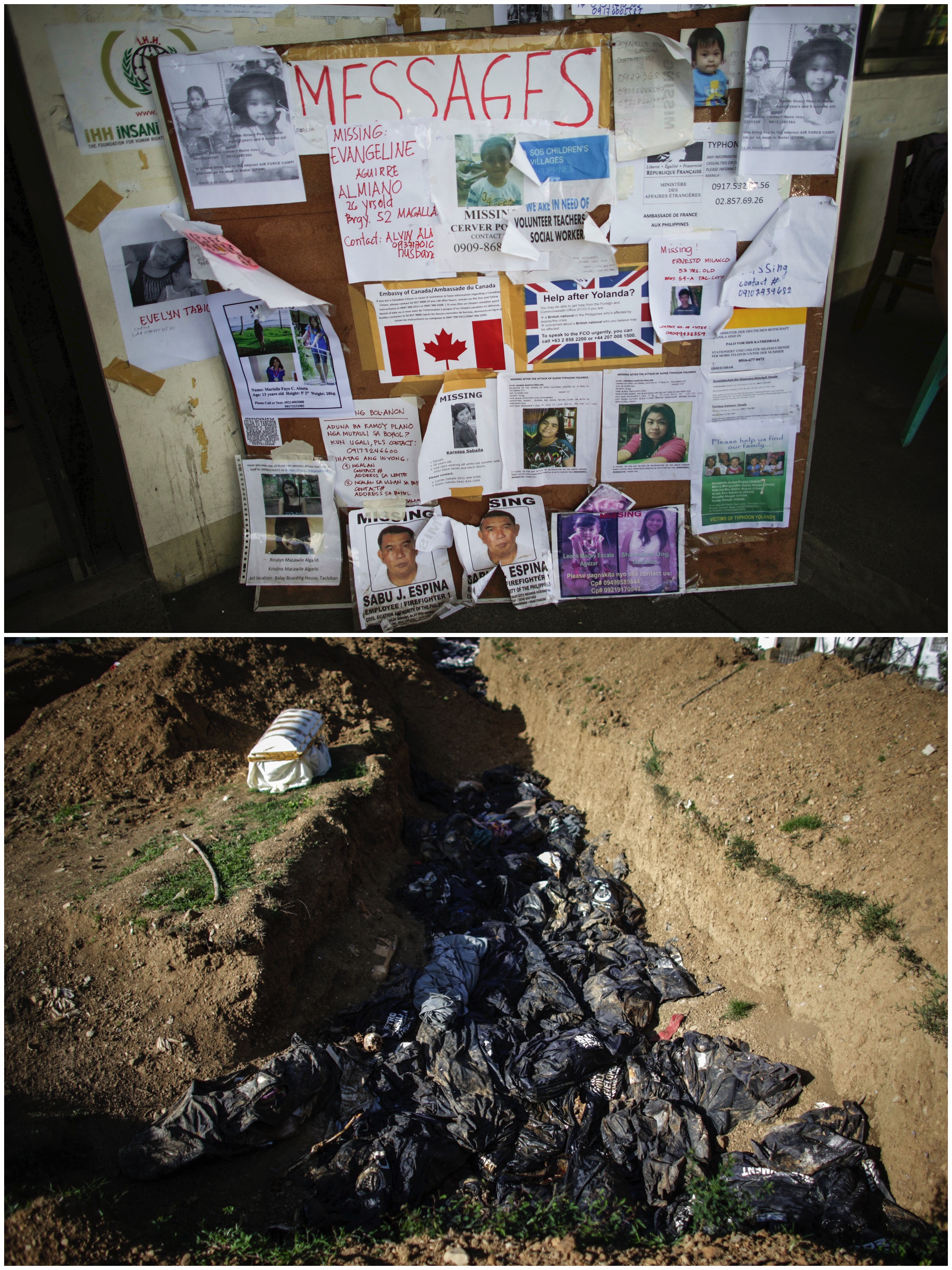  A combination photo shows a public wall where people could post photos and details of missing relatives and the mass grave in Tacloban City. Photo on the top was taken on December 14, 2013 shows a public space where relatives can post images and det
