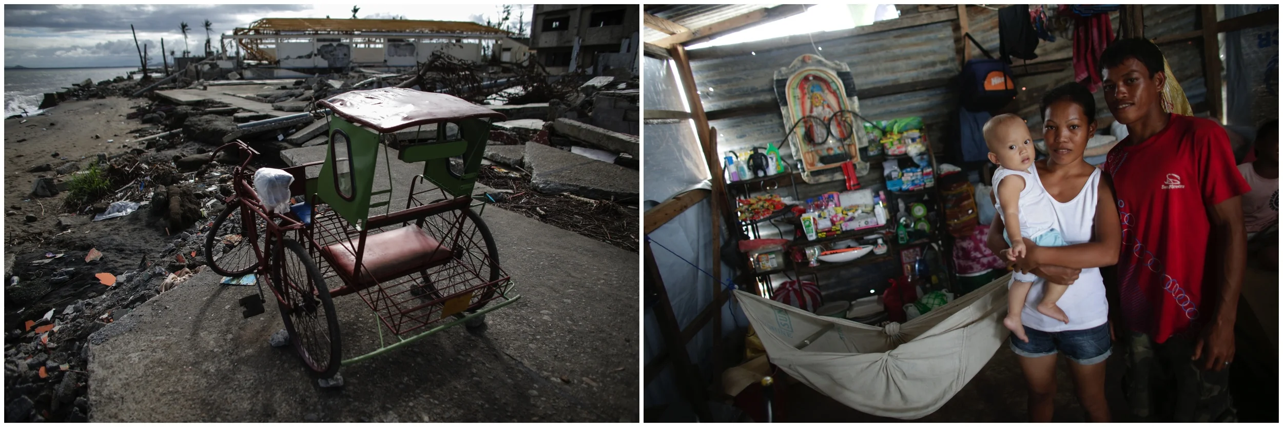  A combination photo shows a family of a survivor and a photo of a pedicab that is used for transporting people within short distances in Tacloban City. Photo on the left was taken on December 12, 2013 and shows a fisherman who was already build a ho