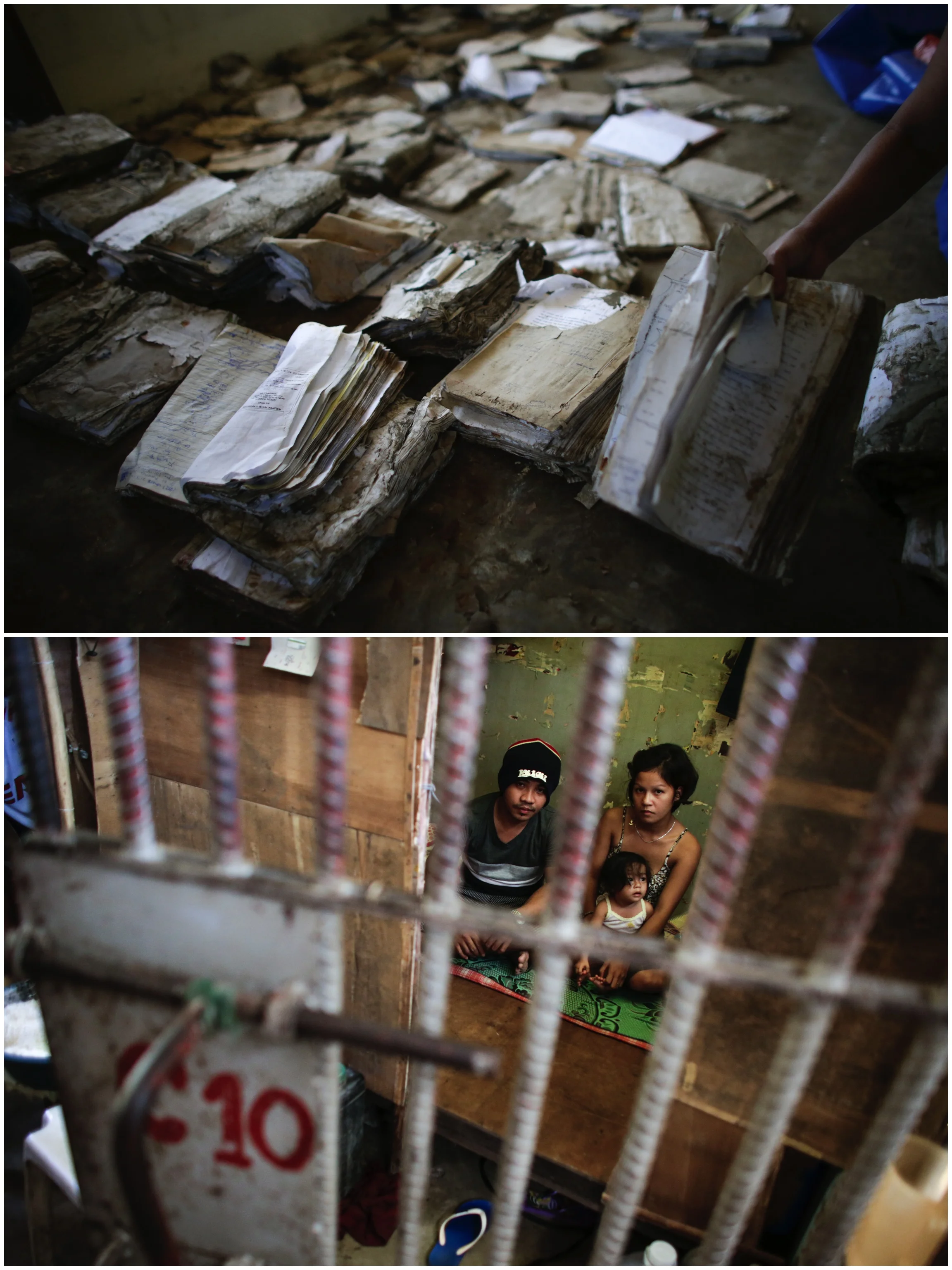  A combination photo shows the severely damaged records inside the justice hall in Tacloban City and an inmate living with his family inside the Leyte Provincial Jail. Photo on top was taken on December 12, 2013 and shows the records of inmates from 