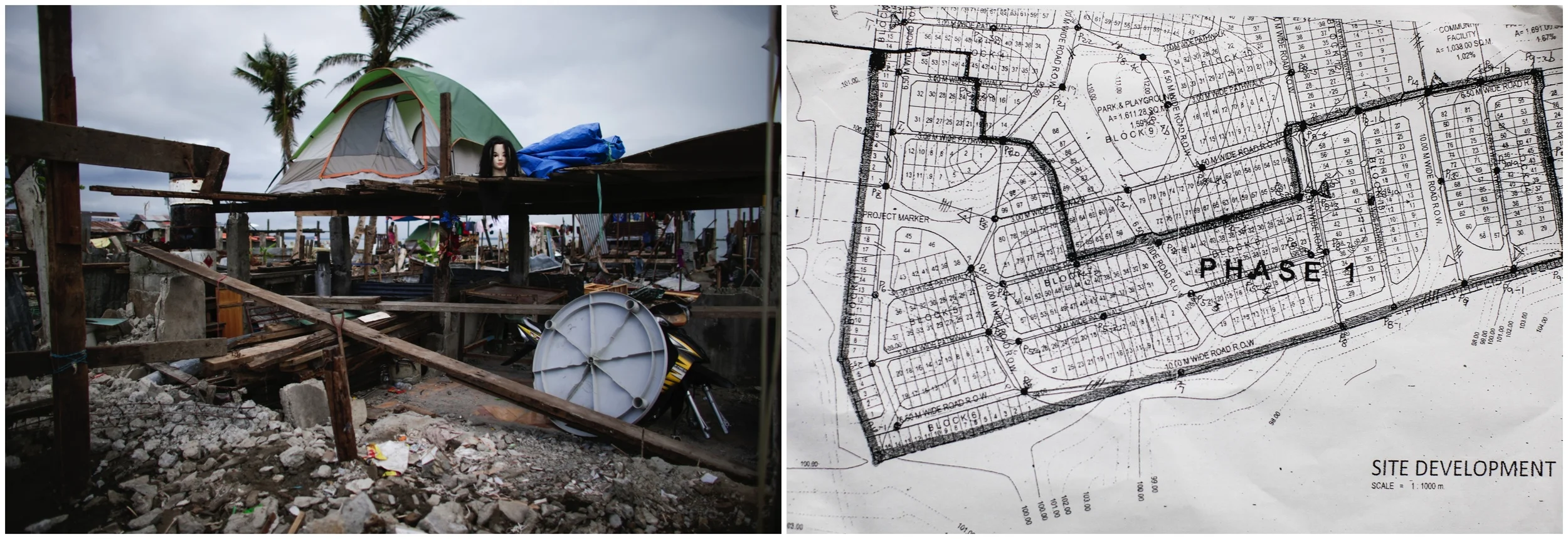  A combination photo shows a makeshift home that a survivor has made on his land and the relocation site that is planned by the local government. Photo on the left was taken on December 10, 2013 and shows a house built by a survivor on his land. Phot