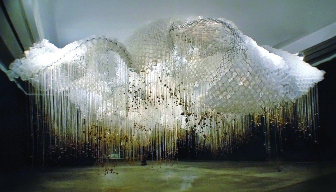 - SSVT Vapor Slide [#2007/#2012]
: #art / #sculpture / #installation: #soosunnypark 
: 
: [brazed chain link fence, plastic cups, cotton strings, river rocks, iron oxide, natural and artificial light]
:
:
:
#air #vapor #dream #cloud #liquid #presence