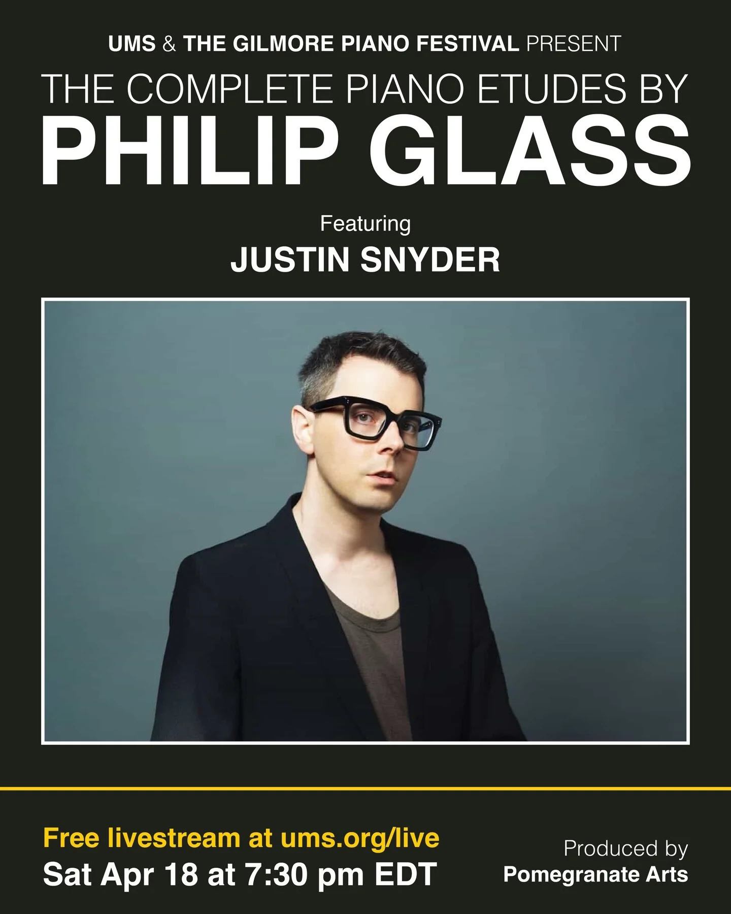 This Saturday (April 18)! This one is such a full circle moment for me 🥹 and it will be livestreamed! 

Watch at ums.org/live. I will be joined by 9 other incomparable pianists <3 

The Complete Piano Etudes by Philip Glass - presented by @umspre