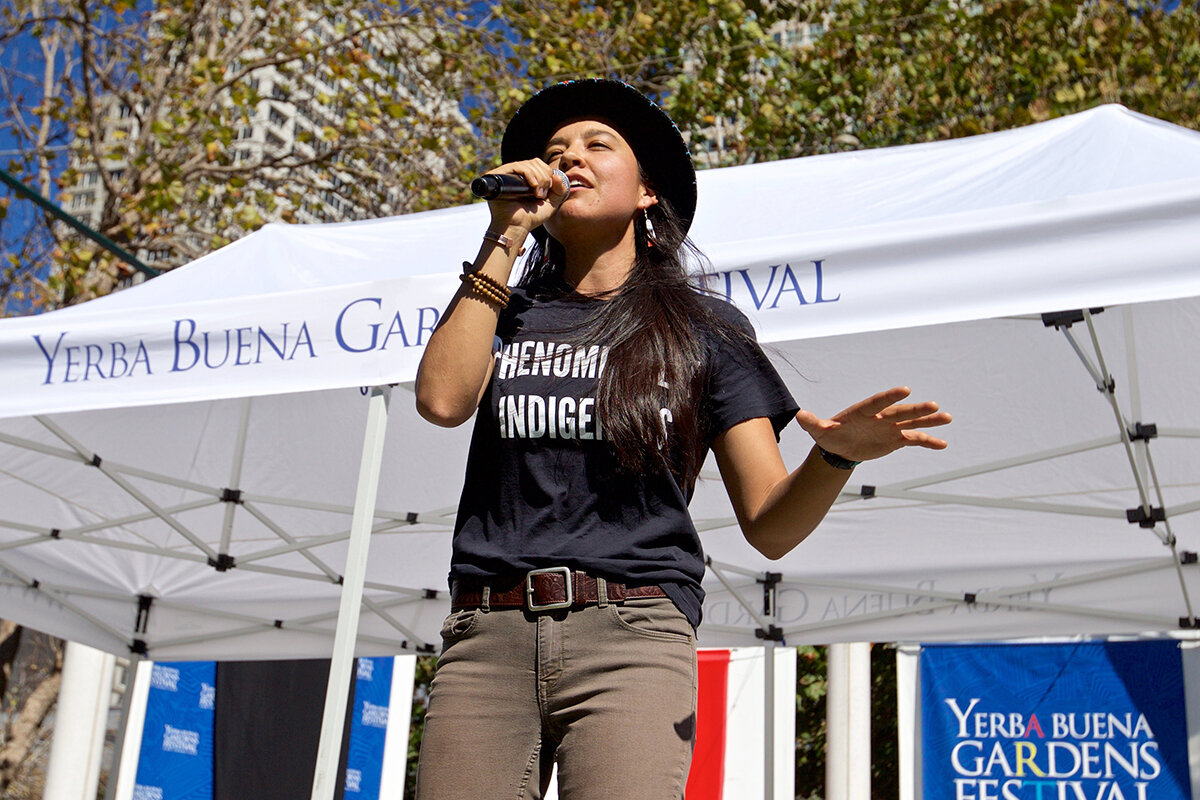 Photo of Lyla June performing at Yerba Buena Gardens for Indigenous Peoples Day 2018. Photo by (Kevin N. Hume/S.F. Examiner)