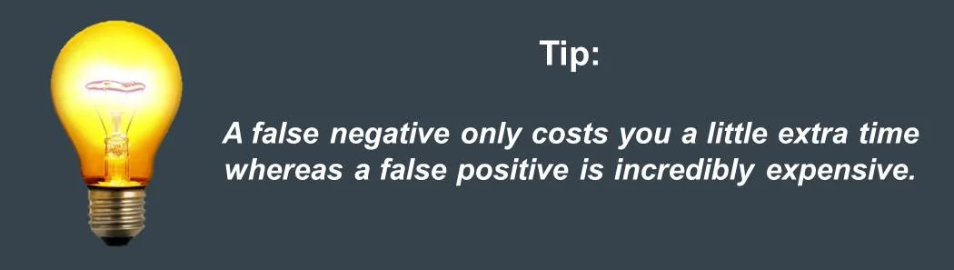 a false positive hiring decision is incredible expensive whereas a false negative only costs you little time tip for blog