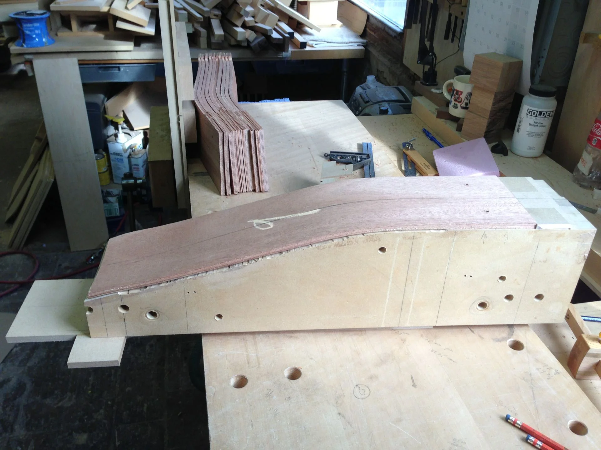   This is the form used to press the laminate back.  Five sheets of 1/16th mahogany.     