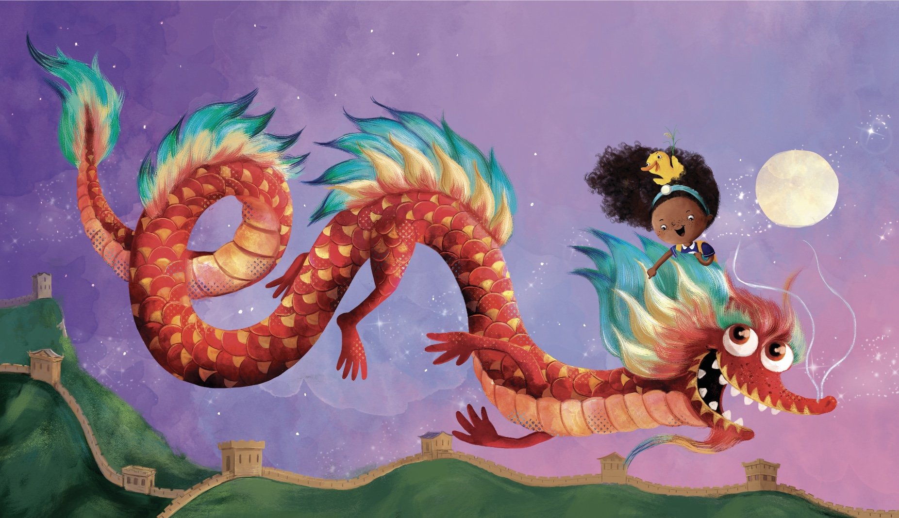 Chinese dragon and African American girl illustration
