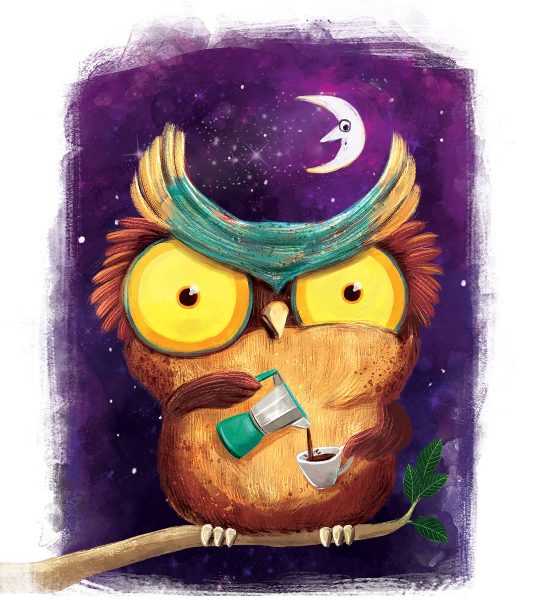 Annoyed owl with coffee illustration