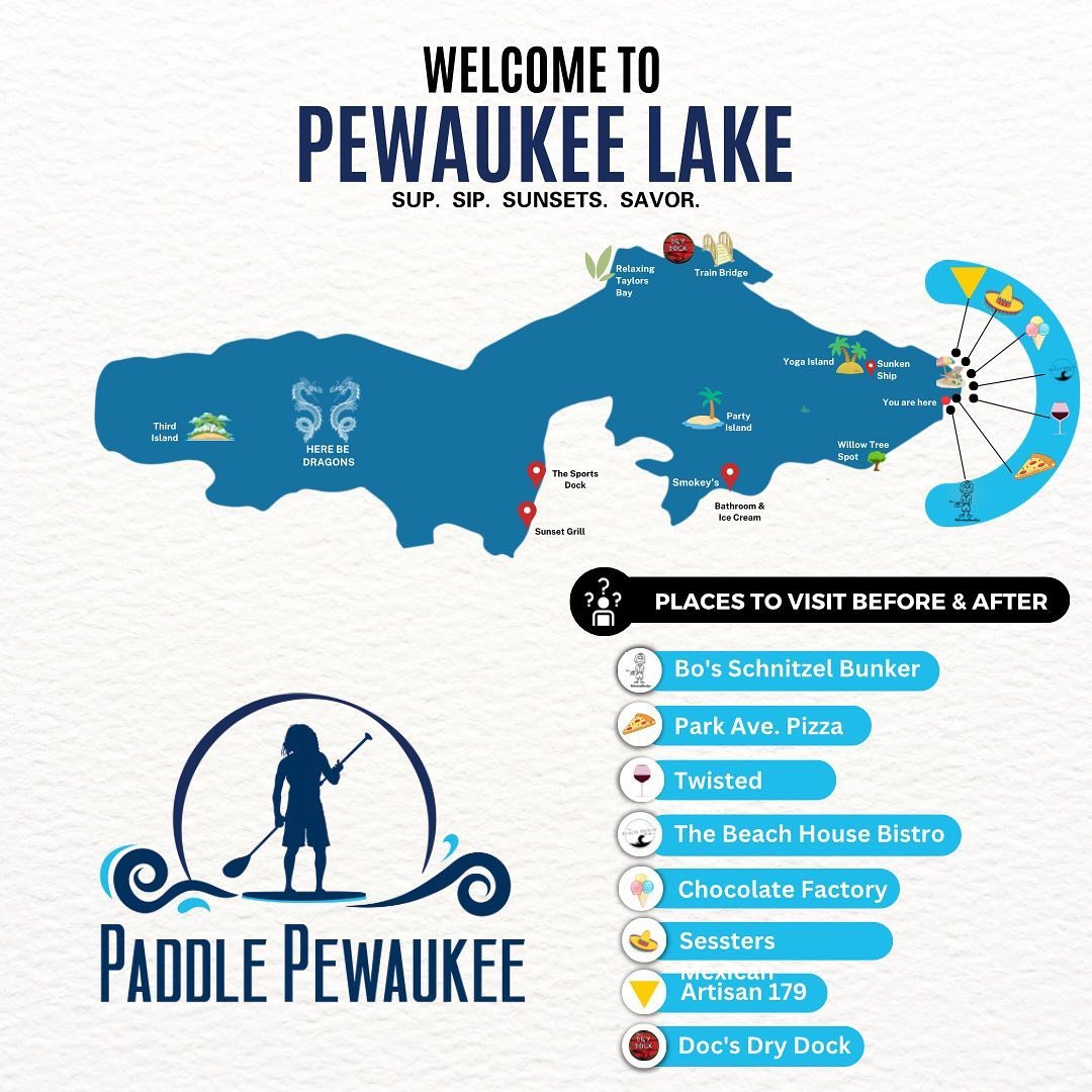 🌊When you #PaddlePewaukee, you'll find magic everywhere. 🌟. You can #sup #sip #savor and watch the best #lakecountry #sunset.

Launch your #Paddleboard adventure from our location, paddle to #YogaIsland to spot the sunken ship, 🚢 or simply anchor 