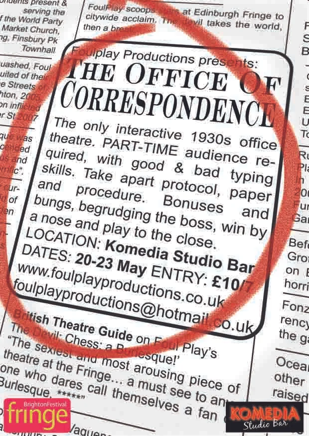 Reverse flyer for the FoulPlay immersive theatre show The Office of Correspondence at the Komedia for brighton Fringe
