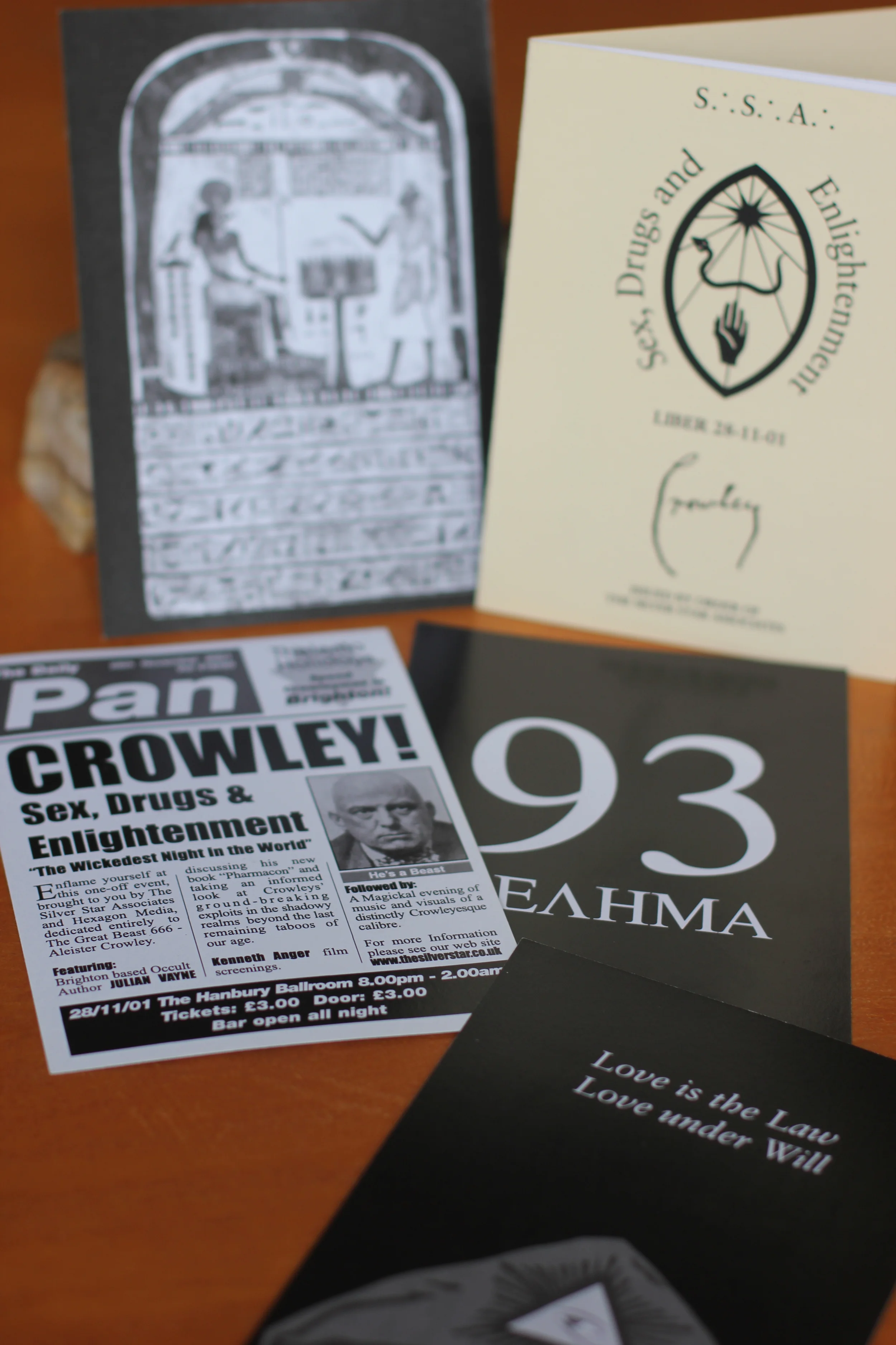 As part of the promotional material for the event we produced 7 different double sided flyers with an idea of producing material people might want to keep and put on their wall. As of 2014 we still know people that have these images adorning the walls of their homes. We also produced a small pamphlet with excerpts from Crowley on the subjects Sex, Drugs and Enlightenment, which we each signed and given to the public as they as they entered. 