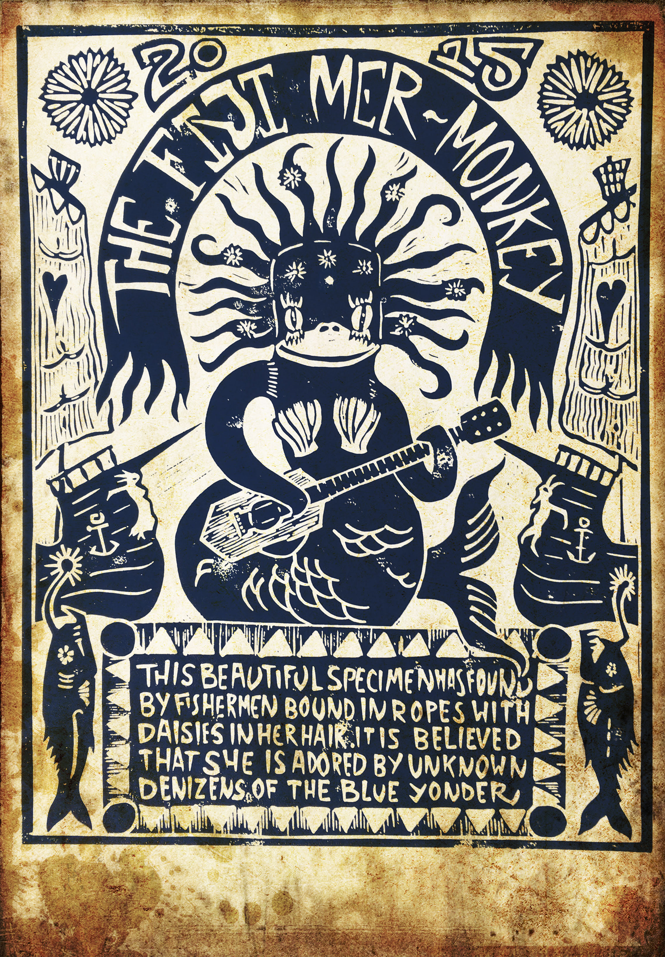 Lino Print by Ulysses Black of the sock-monkey version of a feejee-mermaid. Two angler fish with their lures intended to recall the siren song of the mermaid, again re-enforced by the odyssean figureheads pinned to the bows of the ship of love. The composition is also intended to be slightly suggestive of both the Priestess tarot card and the moon.