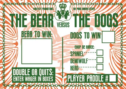 Betting slip for patrons of the Paris Garden Estate Auction and Charity Bear Baiting, Brighton Festival Fringe 2016.