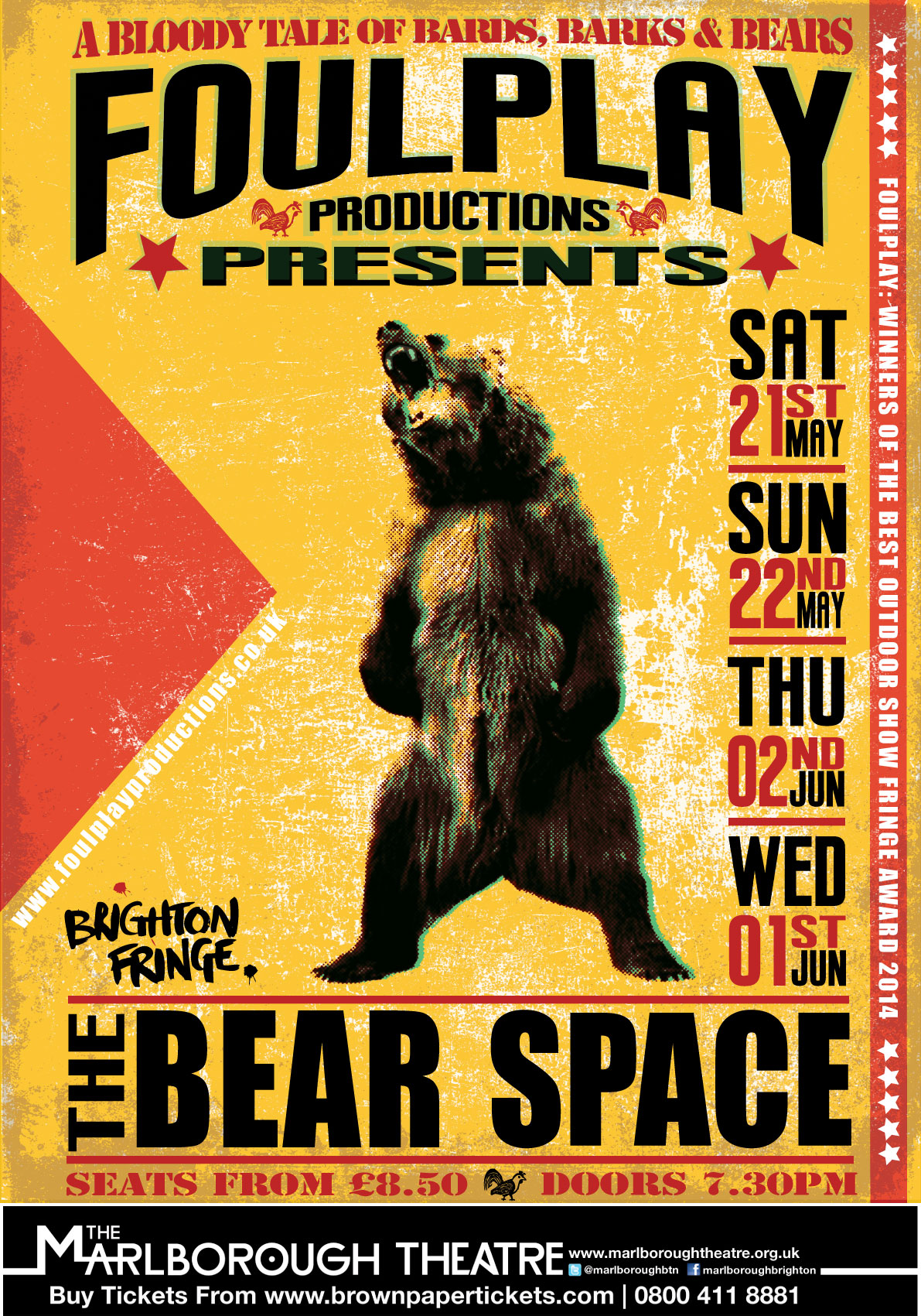 Bear Space poster, winning design as voted for by supporters of the FoulPlay facebook page. This version was intended to draw on poster artwork for classic boxing contests, as a part of the show sought to use modern mechanisms for stirring up the audience encouraging their frenzied fervor at this most savage blood sport.