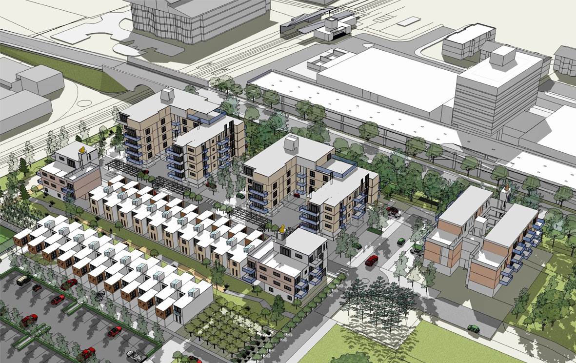 Flats fronting the street sheltering new family homes