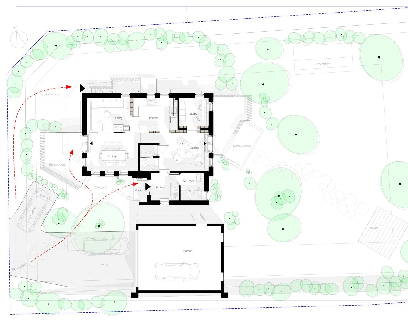 An overview of the ground floor in relation to the garden (click for full size)