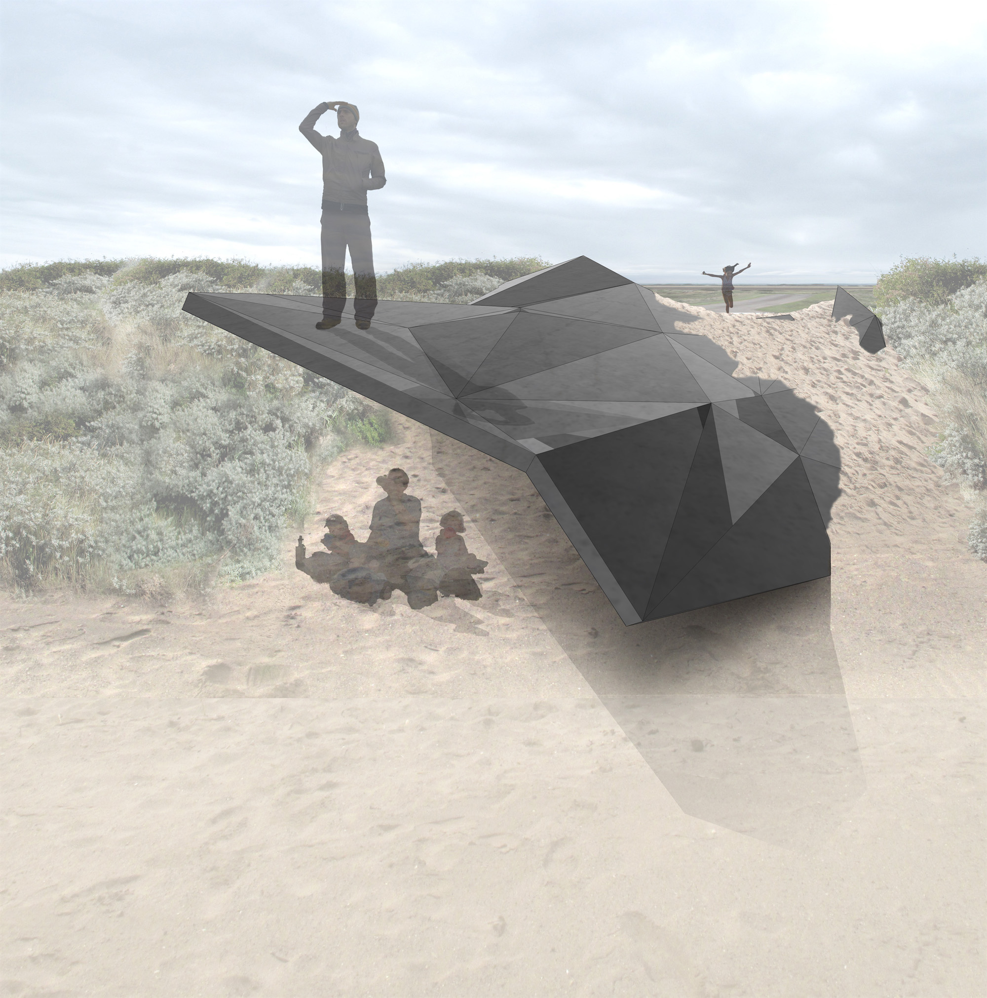 The Stranded art installation, slowly eroding within the shifting sand dunes of the Lincolnshire coast