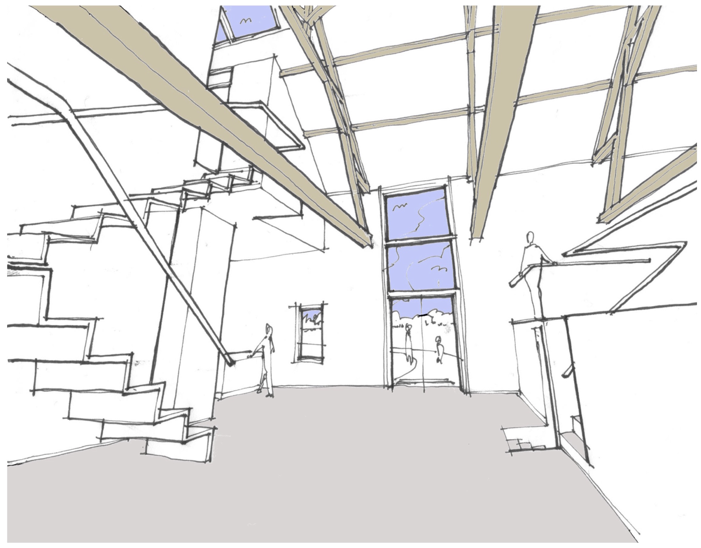 Sketch perspective of the converted barn, looking across the main living space
