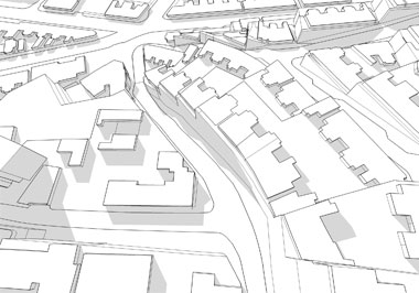 We created a simplified 3D computer model of the urban space by mashing up scaled maps and on-site photography and sketches