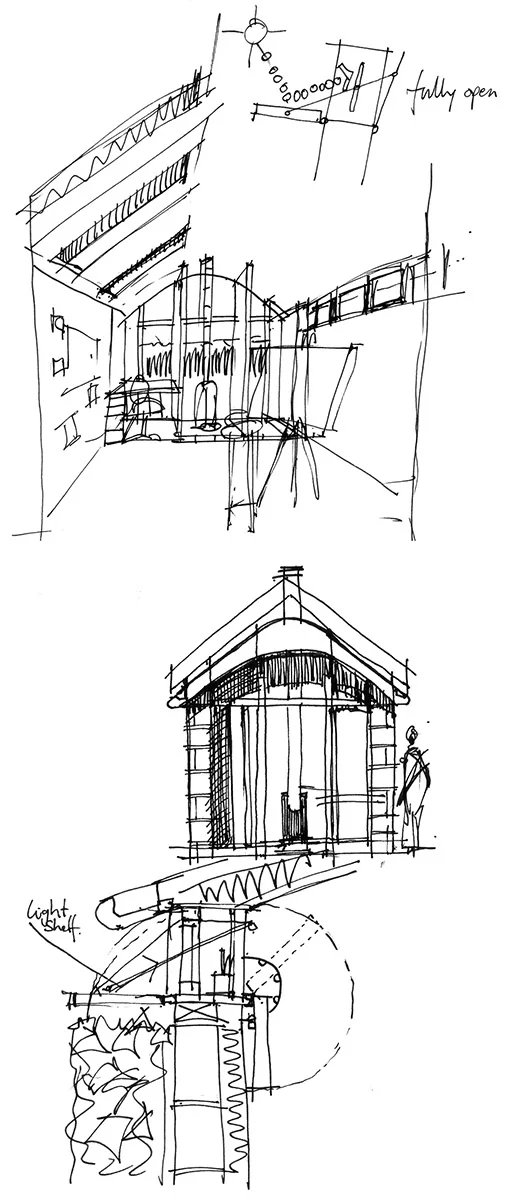 Sketches were an essential communication tool throughout the design process, from the early briefing with our client to the discussion of construction details on site with the builders