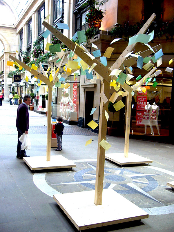 As the exhibition goes on, the trees grow into large colourful objects, creating an intriguing and engaging platform for public expression