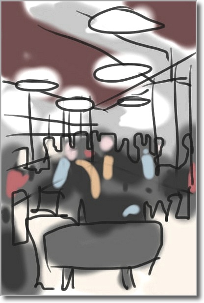 A doodle using Autodesk's SketchBook app on the iPod Touch, in which I tried to capture the atmosphere of the cafe without worrying over detail. If the sketch looks a little soulless and cold, then I have succeeded.