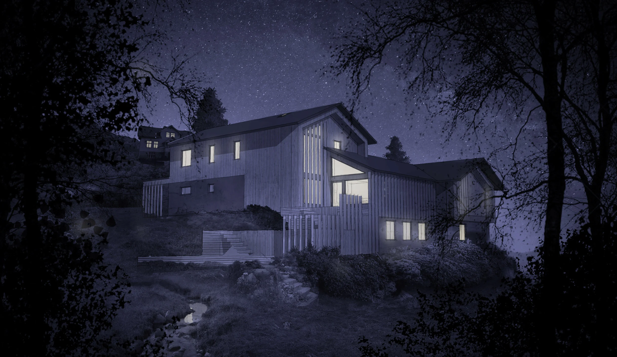 Sketch impression of the house with its two intersecting wings, from which the terraces cascade into the forest