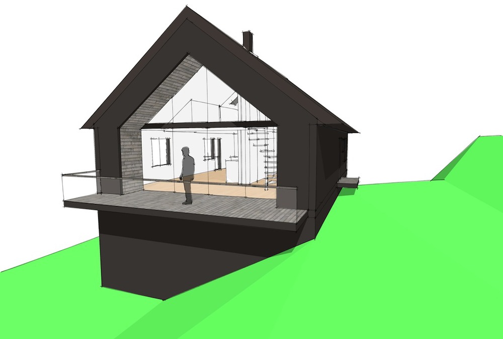 Our sketch proposal, showing the end gable opening towards the garden and landscape