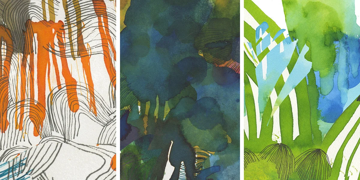Details of some of the watercolour images hand-painted by Qubo Gas and used by our programme to generate the animated projections on the paper canvas.