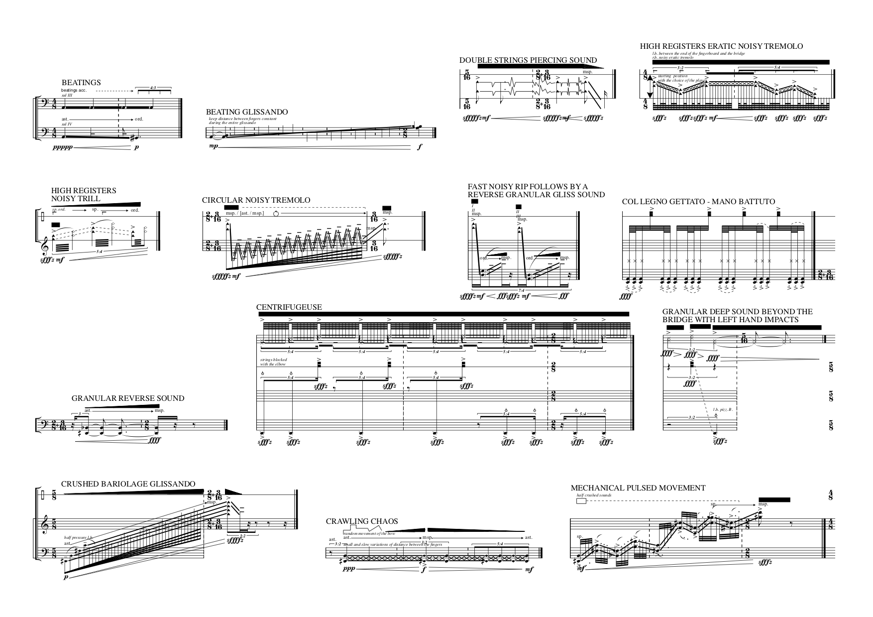 Extract from Yann Robin’s musical score, codifying the complex movements of the soloist on the double bass (image © Yann Robin)