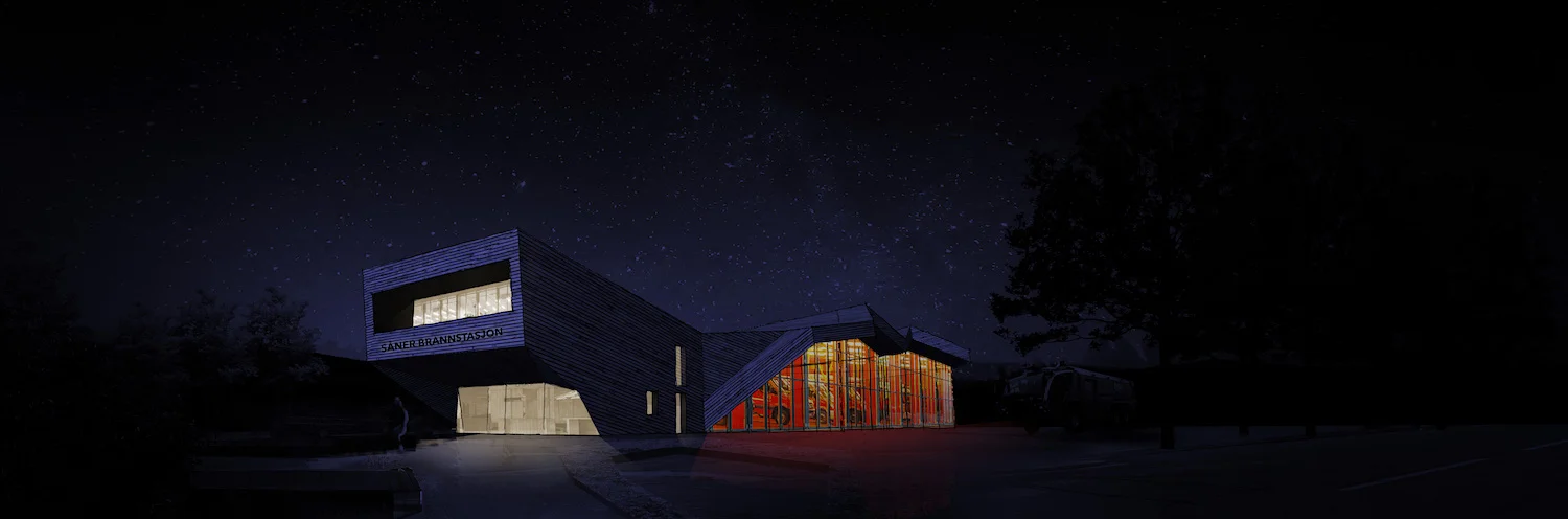 Concept design visualisation of our future fire station in Såner, Norway, with its public facing core building and connected modular fire engine halls at the back.