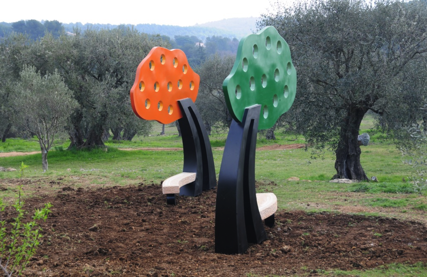 PoeTree – Brown (left) and PoeTree – Longfellow (right) Zigi Ben-Haim , 2011 18 x 138 x 108 inches | Aluminum, Stone, and Epoxy Paint Valbonne, France