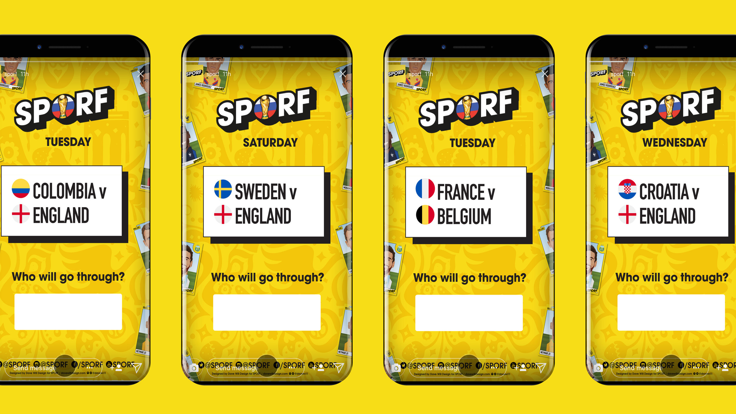 Insta Story versions of the wall chart, created each day as the tournament progressed to keep SPORF followers up to date on each fixture. The images were used in conjunction with Instagrams poll feature to give fans the chance to vote for their preferred winner. Images gained over 1 million views at peak time.