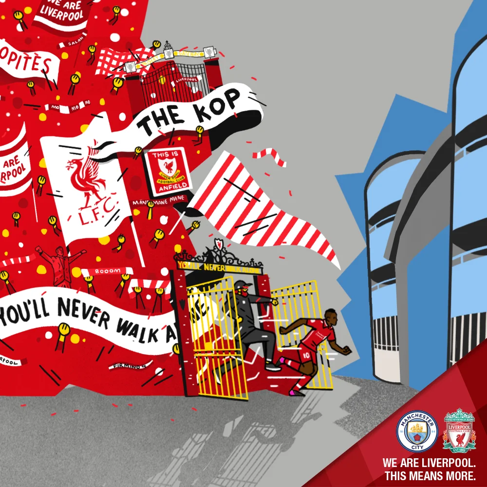 Man City v LFC The second graphic in the series was used in the build up to one of the most anticipated fixtures in the 2018/19 calendar. Liverpool traveled to Man City, with both teams enjoying a stellar season. Barrilete Cosmico produced this piece, with art direction from myself. The design focused on the idea that despite this being an away match, the Reds would go into the fixture with the full support of the traveling Kop behind them.