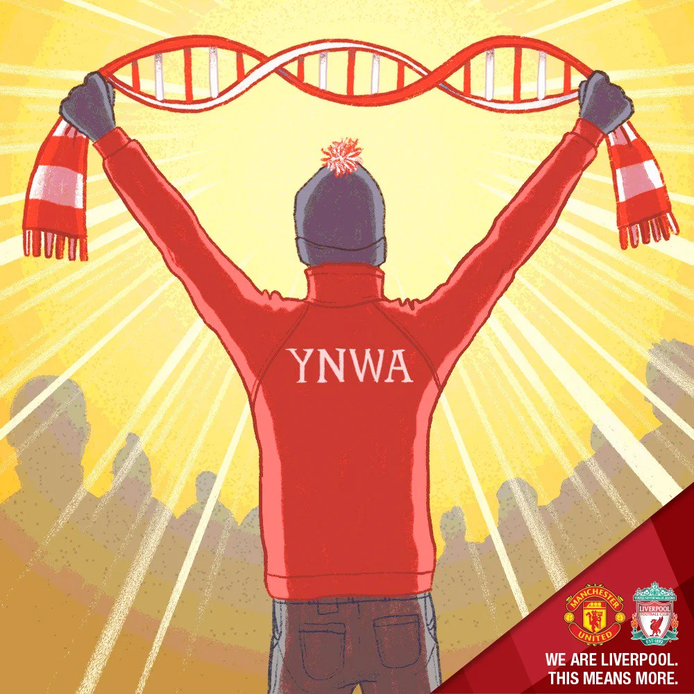 Man Utd v LFC By the time the two clubs met again in the league, Jose Mourinho had been sacked and the United team were revitalized under caretaker manager Ole Gunnar Solksjaer. Liverpool traveled to Old Trafford, desperate for the 3 points to keep their title challenge on track. Dan Leydon created this piece, inspired by the idea that being a Liverpool supporter is in our DNA, no matter what your gender, race, age or background is, we are all linked by that common thread. His clever use of the scarf in the form of a DNA strand conveyed that message in a smart yet simple way.