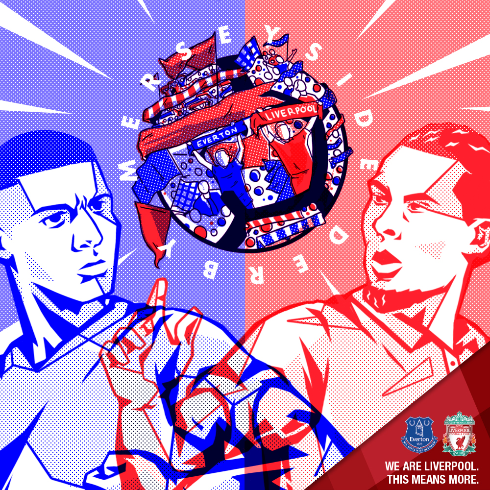 Everton v LFC The Merseyside Derby is one of the biggest local derbies in world football. Often described as the Friendly Derby, the fixture has maybe lost some of that good feeling in recent years but it is still a day when the odd Red and Blue fan can be seen watching the game side by side. Barrilete Cosmico created this piece, that contrasted the fierce rivalry on the pitch with the mixed group of supporters who are cheering on their heroes.