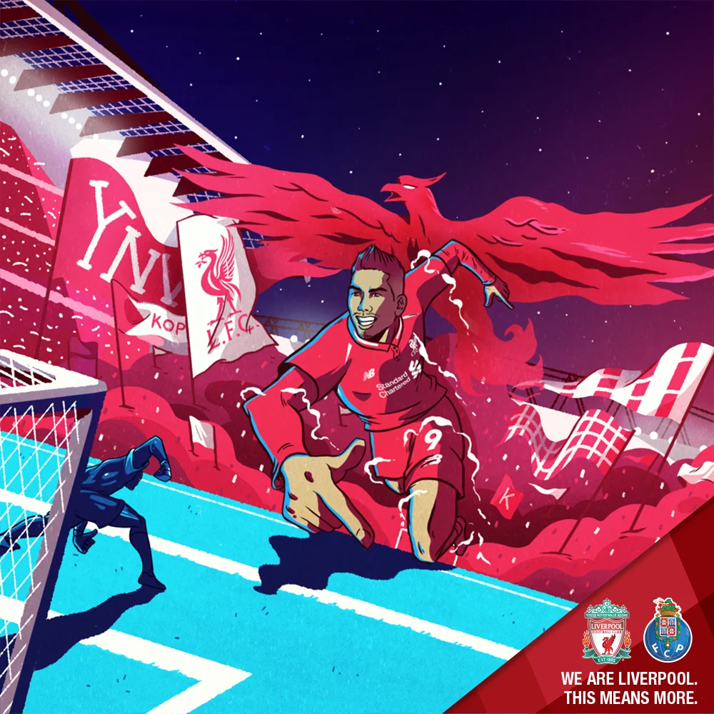LFC v Porto (Champions League Quarter Finals, 1st Leg) Liverpool drew Porto in the next round of the Champions League, and Ivan (Barrilete Cosmico) was on hand to create a brilliant piece to celebrate the first leg at Anfield. The piece shows Roberto Firmino bearing down on the Porto keeper, with the full force of the Kop behind him.