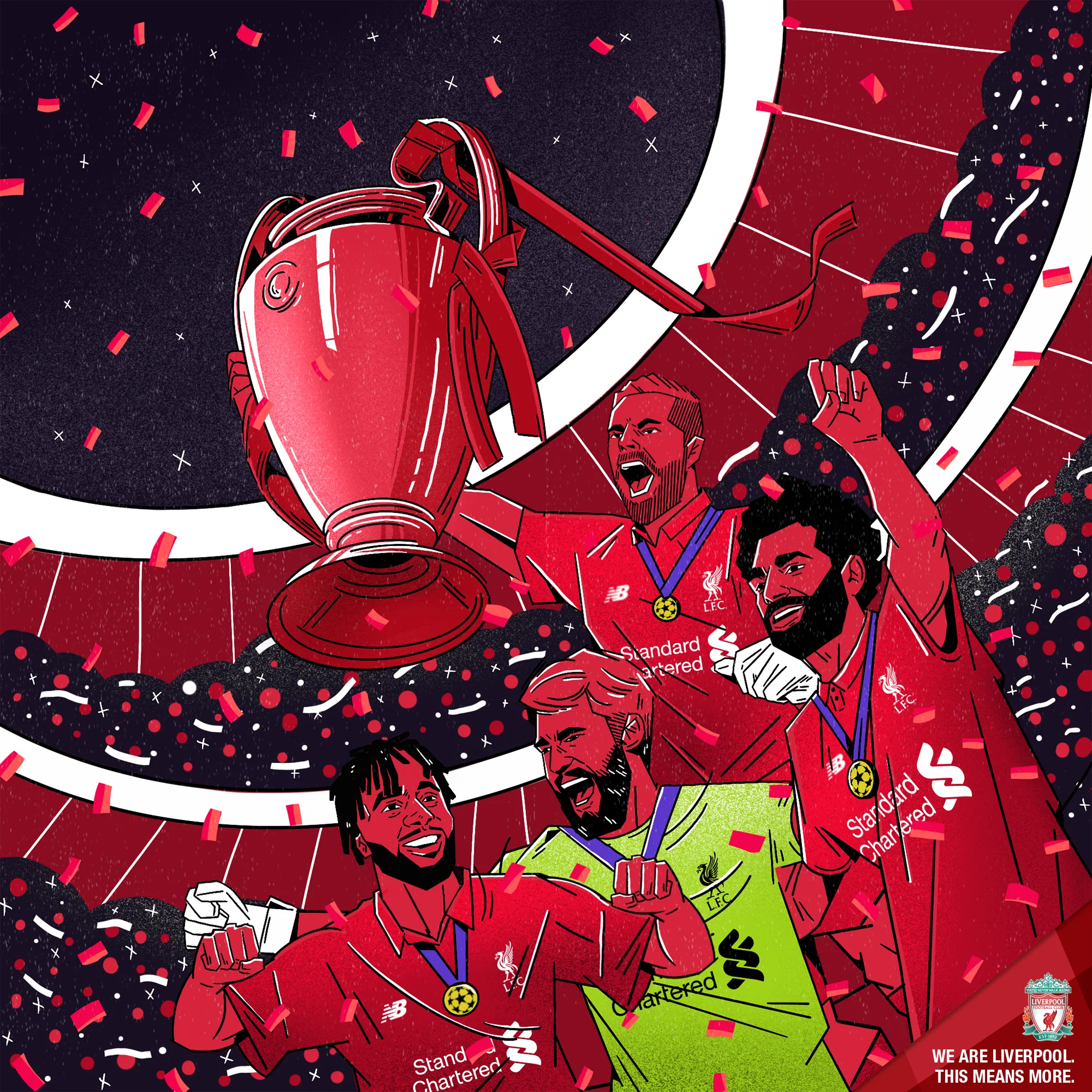 Another reactionary piece to the win in Madrid saw Ivan produce this iconic graphic that featured the two goalscorers, the club captain and the standout performer Alisson as they lift the European Cup together in front of a packed stadium. This piece was illustrated by Ivan, from Mexico with art direction by myself.