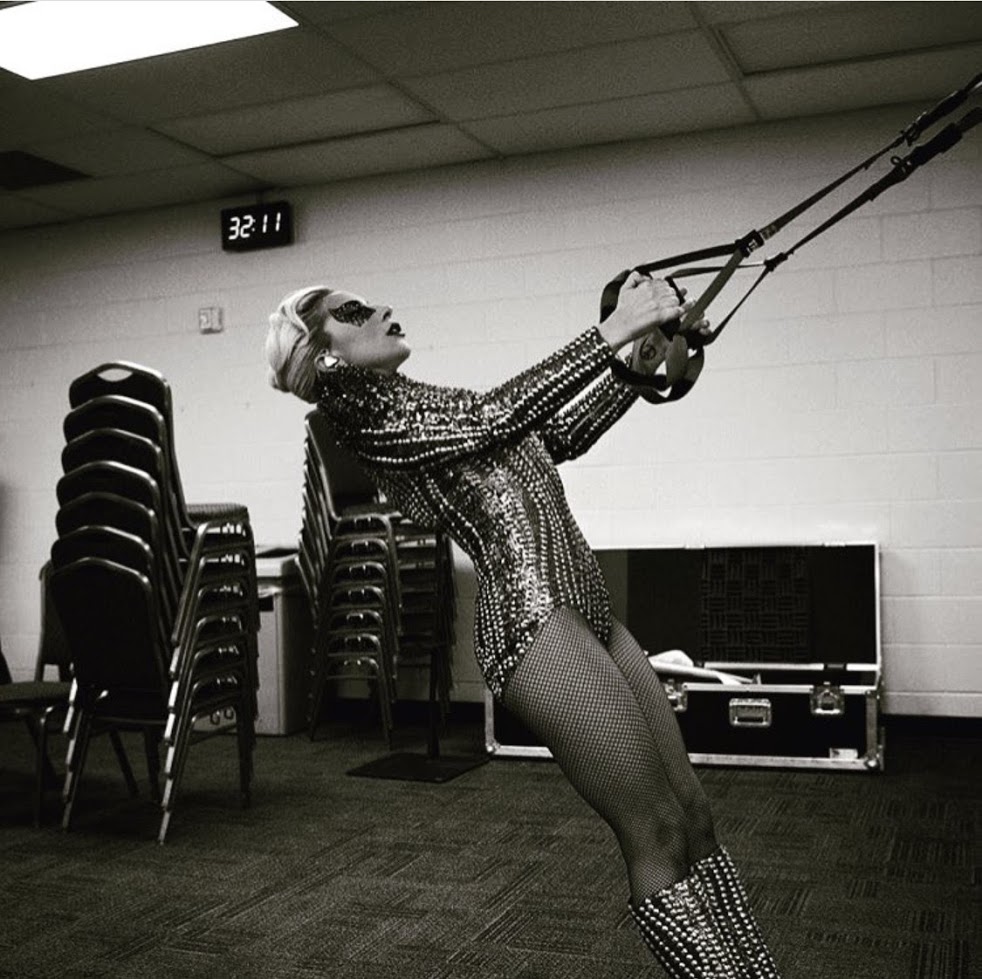 Lady Gaga training with the TRX before the Super Bowl
